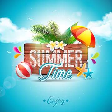 Vector Summer Time Holiday typographic illustration on vintage wood background. Tropical plants, flower, beach ball and sunshade with blue cloudy sky. Design template for banner, flyer, invitation