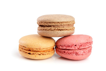 colorful macarons isolated on white background closeup