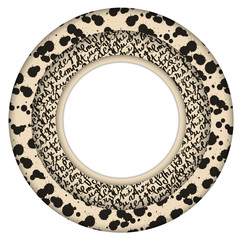  isolated paper cut round frame with ink spots and hand writing