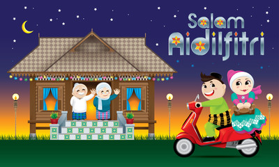 A couple is just arrive their home town, ready to celebrate Raya festival with their parents. The words 