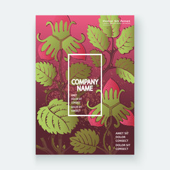 Strawberry pattern design templates product. Hand drawn red berry. Cute trendy dark background blossom greenery bush. Graphic illustration wedding, invitation, poster, card, cover, product vector