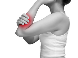 woman suffering from arm pain, painful in arm muscles. mono tone color with red highlight at arm , arm muscles isolated on white background. health care and medical concept. studio shot