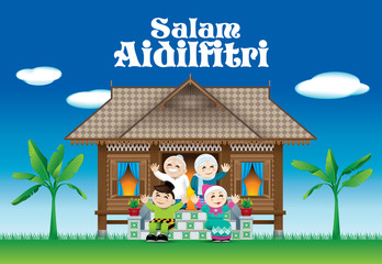A Muslim family celebrating Raya festival in their traditional Malay style house. With village scene. The words 