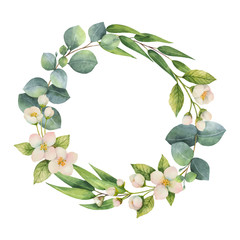 Watercolor vector wreath with green eucalyptus leaves, Jasmine flowers and branches. © ElenaMedvedeva