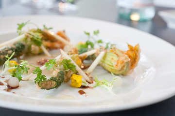 Vegetarian dish of fried Zucchini flowers