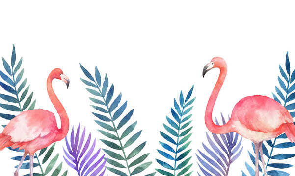 Watercolor vector card of tropical leaves and the pink Flamingo isolated on white background.