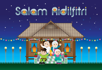 A Muslim family celebrating Raya festival in their traditional Malay style house. With village scene. The words 