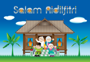 A Muslim family celebrating Raya festival in their traditional Malay style house. With village scene. The words "Salam Aidilfitri" means happy Hari Raya.