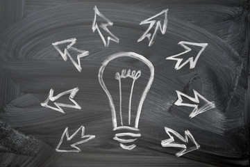 Business concept: Light Bulb icon hand chalk drawn on black chalkboard background and lot of arrows around,