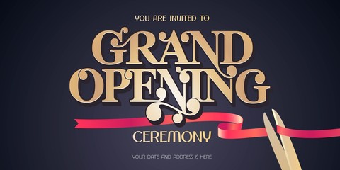 Red ribbon and scissors design element for invitation card to grand opening ceremony - obrazy, fototapety, plakaty