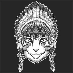 Image of domestic cat Cool animal wearing native american indian headdress with feathers Boho chic style Hand drawn image for tattoo, emblem, badge, logo, patch