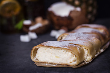 Pie, strudel, cake with cheese and exotic fruits