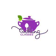 Cooking classes logo template,  image of cooking pot, spoon,  and fresh herbs with simple lettering composition