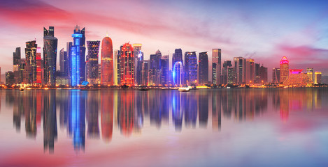 Skyline of modern city of Doha in Qatar, Middle East. - Doha's Corniche in West Bay, Doha, Qatar