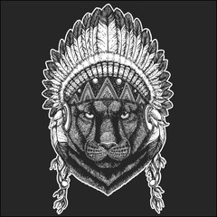 Panther Puma Cougar Wild cat Cool animal wearing native american indian headdress with feathers Boho chic style Hand drawn image for tattoo, emblem, badge, logo, patch