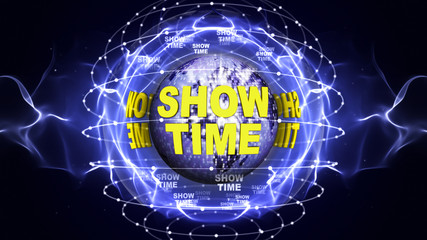 SHOWTIME Text Animation Around Earth Disco Ball, Rendering, Background, Loop
