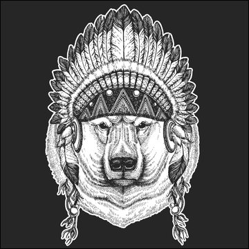 Big polar bear, White bear Cool animal wearing native american indian headdress with feathers Boho chic style Hand drawn image for tattoo, emblem, badge, logo, patch