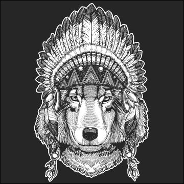 Wolf Dog Cool animal wearing native american indian headdress with feathers Boho chic style Hand drawn image for tattoo, emblem, badge, logo, patch