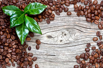 Beans roasted coffee and leaves. Coffee background