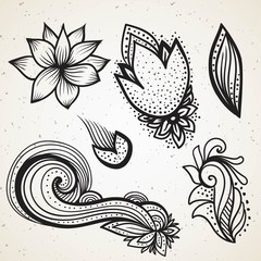 Handsketched set of beautiful mehndi design elements. Henna temporary flash tattoo. Traditional ethnic indian style tribal ornaments. Adult color book creative paisley doodles vector collection.