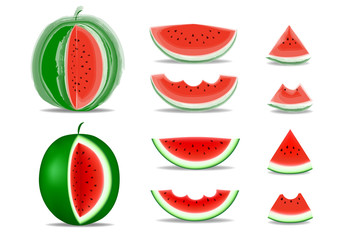 watermelon and slices  isolated on the white background, horizontal vector illustration