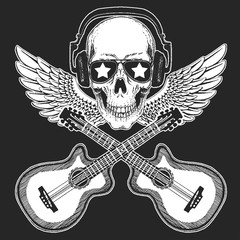 Rock music festival. Skull with guitars. Cool print for poster, banner, t-shirt.