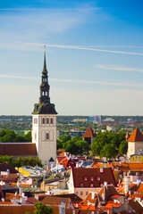 Obraz premium Aerial view of the old part of city Tallinn, Estonia, with the spire of Saint Nicholas' Church.