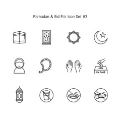 simple line ramadan kareem and eid al fitr icon set. Islam tradition, muslim holiday illustration