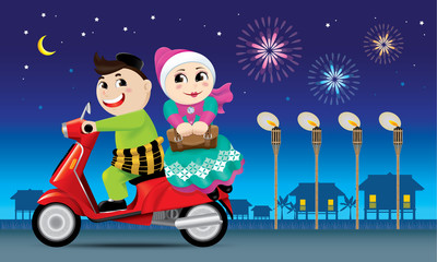 A couple is on the way back to their hometown, ready to celebrate Raya festival with their family. 