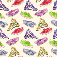 Pair of colorful modern trainers, striped espadrilles and sneakers, hand painted watercolor illustration, seamless pattern on soft yellow background