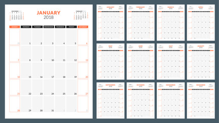 Calendar planner for 2018 year. Week starts on Sunday. Vector design print template