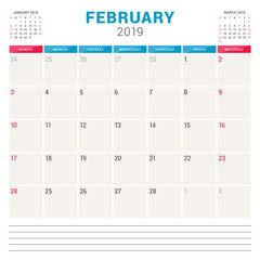 Calendar planner for February 2019. Week starts on Sunday. Printable vector stationery design template