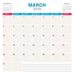Calendar planner for March 2019. Week starts on Sunday. Printable vector stationery design template