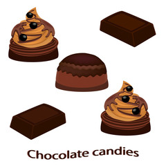 Chocolate bar and chocolate candies isolated on white background. Vector illustration.