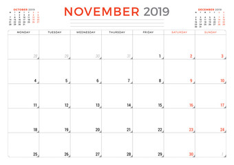 November 2019. Calendar planner stationery design template. Vector illustration