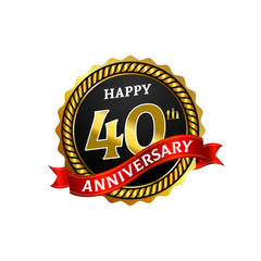 Happy 40 Years Anniversary Golden Badge Logo with ring and ribbon.