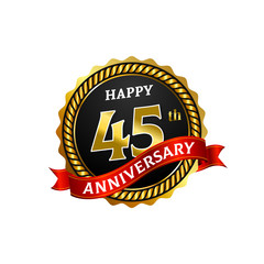 Happy 45 Years Anniversary Golden Badge Logo with ring and ribbon.