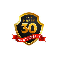 Happy 30 Anniversary Golden Shield badge logo with ribbon