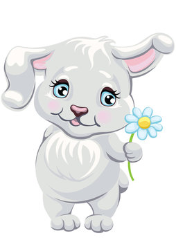 Child illustration with a cute rabbit holding a daisy flower. Vector cartoon character a hare. Easter bunny.