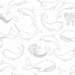 Vector seamless pattern with whales, mermaids, narwhals and dolphins contours on the dotted white background. Sea creatures, sirens and marine life. © Anastasia