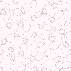 Hand drawn purple vector candies outline seamless pattern on the starry background. Cute holiday decoration in pastel colors. - 201838102