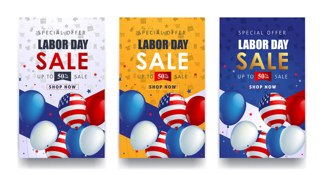 Labor day sale promotion advertising banner template decor with American flag balloons design .American labor day wallpaper.voucher discount.Vector illustration .