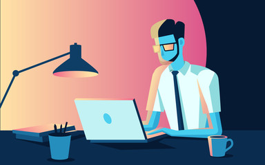 Work smart with technology on desktop business lifestyle in flat graphic design