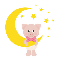 cartoon cute pig with bow on a moon