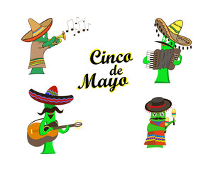 Concept on Cinco de Mayo,a set of characters in the form of cactus musicians on an isolated background