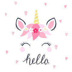 Modern unicorn face background with text.