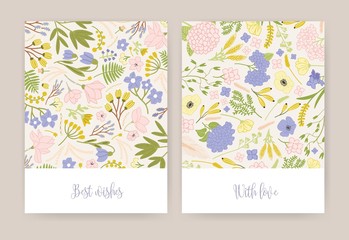 Collection of beautiful birthday greeting card or postcard templates with gorgeous colorful blooming flowers and leaves and elegant inscriptions handwritten with cursive font. Vector illustration.