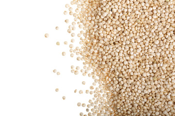 Fototapeta na wymiar white quinoa seeds isolated on white background with copy space for your text. Top view