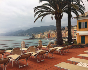 Beach loungers on Camogli terrace, North Italy