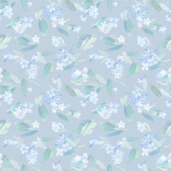 Seamless pattern, blooming blue lilac and green foliage. Illustration by markers, beautiful floral composition on a gray background.